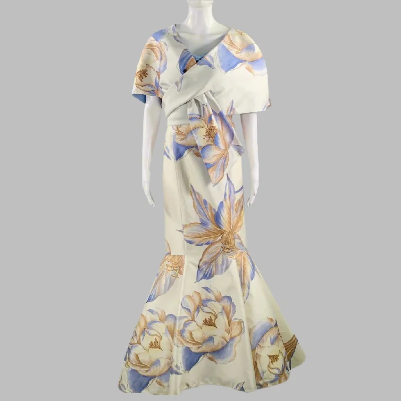 RIZIK BROS. Size 6 Cream Blue Tan Silk Floral Shawl Strapless Gown Zara floral dresses