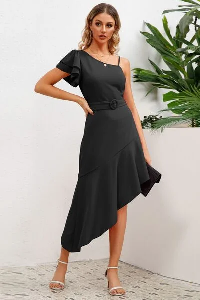 Ruffled Asymmetrical Neck Flutter Sleeve Dress Long sleeve unclassified dresses