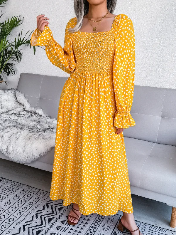 Smocked Square Neck Flounce Sleeve Dress Long sleeve unclassified dresses