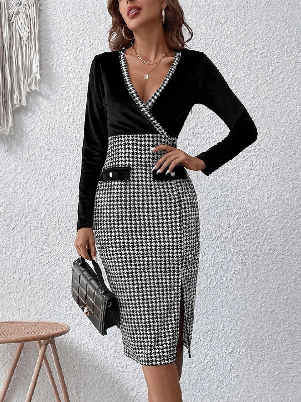 Surplice Neck Houndstooth Dress Fall unclassified dresses