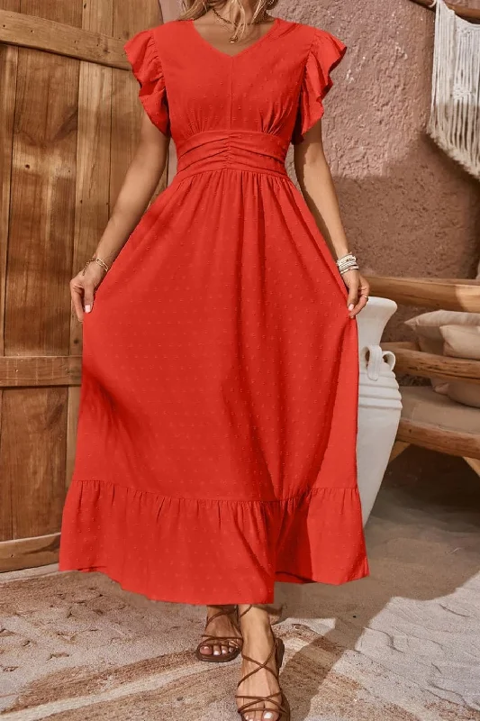 Swiss Dot V-Neck Flutter Sleeve Dress Everyday wear unclassified dresses