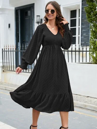 Swiss Dot V-Neck Smocked Lantern Sleeve Ruffle Hem Dress Wedding guest unclassified dresses