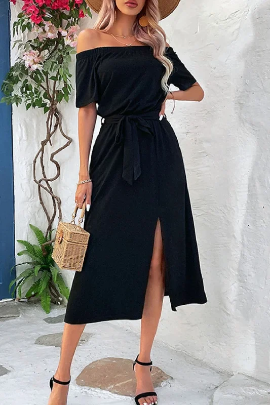 Tie-Waist Off-Shoulder Split Dress Office unclassified dresses