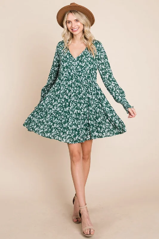 V neck Floral Printed Long Sleeve Pleated Dress Boho floral dresses