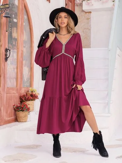 V-Neck Lantern Sleeve Ruffle Hem Dress Vintage unclassified dresses