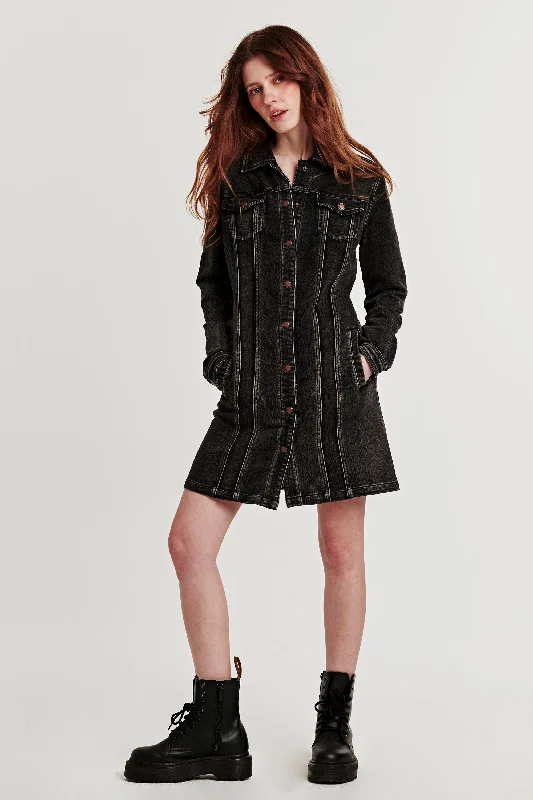 GABRIELLE BUTTON FRONT DENIM DRESS ON EDGE Black Denim Skirt