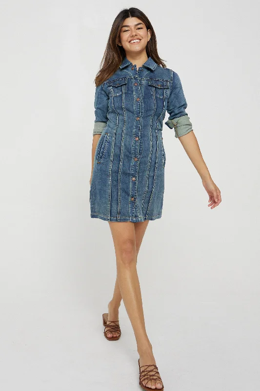 GABRIELLE BUTTON FRONT DENIM DRESS SAND STORM Blue Denim Skirt