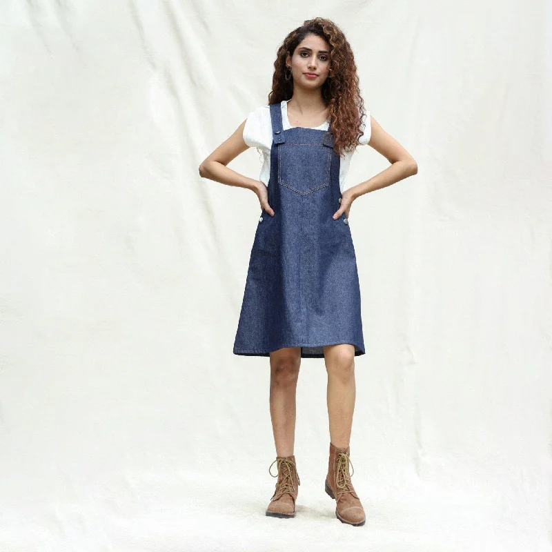 Indigo Cotton Denim Pinafore Knee Length Dress Cute Denim Skirt