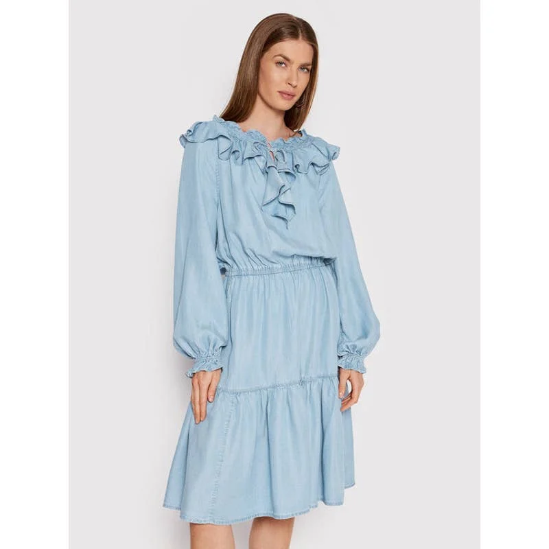 LAUREN RALPH LAUREN Ladies Ruffled Long-Sleeve Denim Dress Distressed Denim Skirt