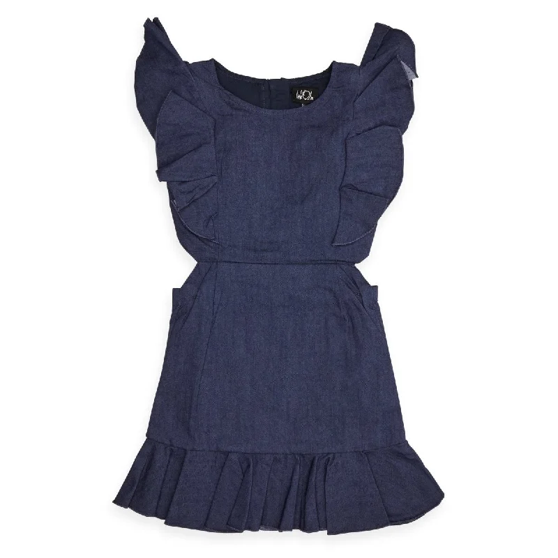 DENIM CUTOUT RUFFLE DRESS Slim-fit Denim Skirt