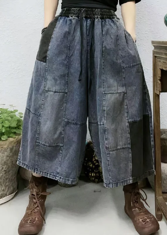 New Blue Pockets Elastic Waist Patchwork Denim Crop Pants Summer VV095