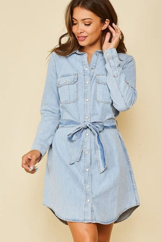 Toast Jeans Denim Belted Snaps Dress - Light Wash Casual Button Denim