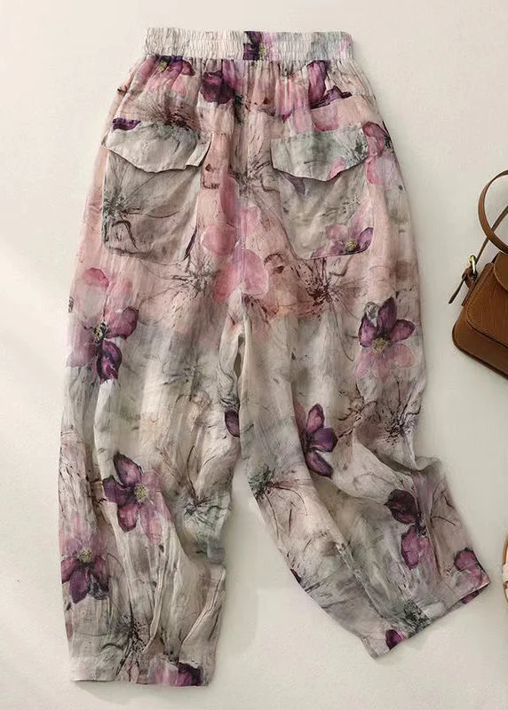 Plus Size Pockets Print Elastic Waist Cotton Lantern Pants Summer WW1032