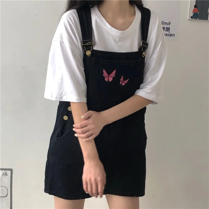 Retro embroidered butterfly denim loose strap dress High Rise Denim Skirt