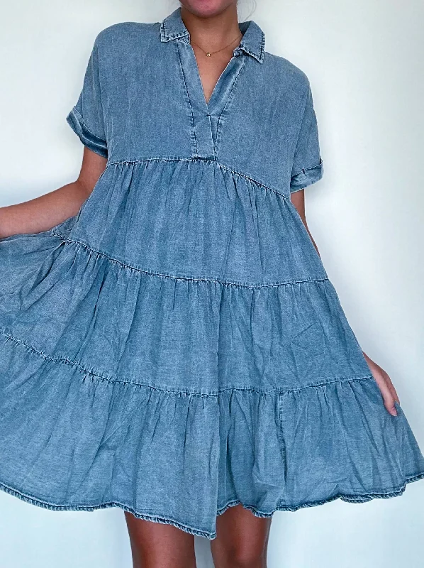 Aspen Denim Ruffle Dress Button Front Denim Skirt