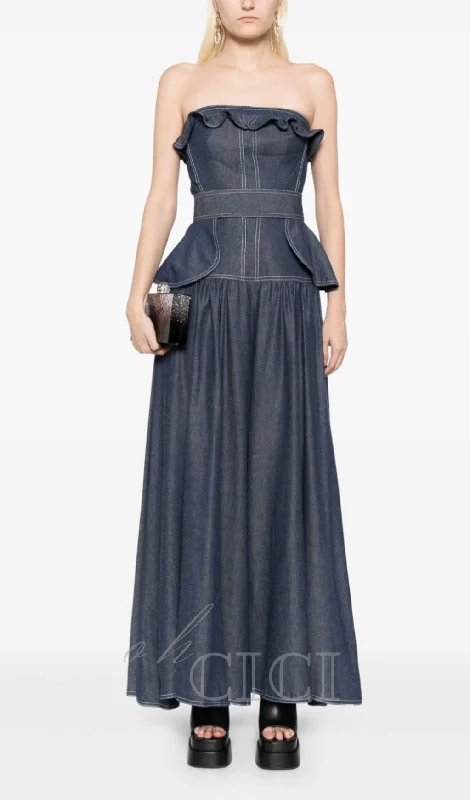 SIGRID PEPLUM-WAIST DENIM JUMPSUIT IN NAVY BLUE Fashionable Denim Skirt