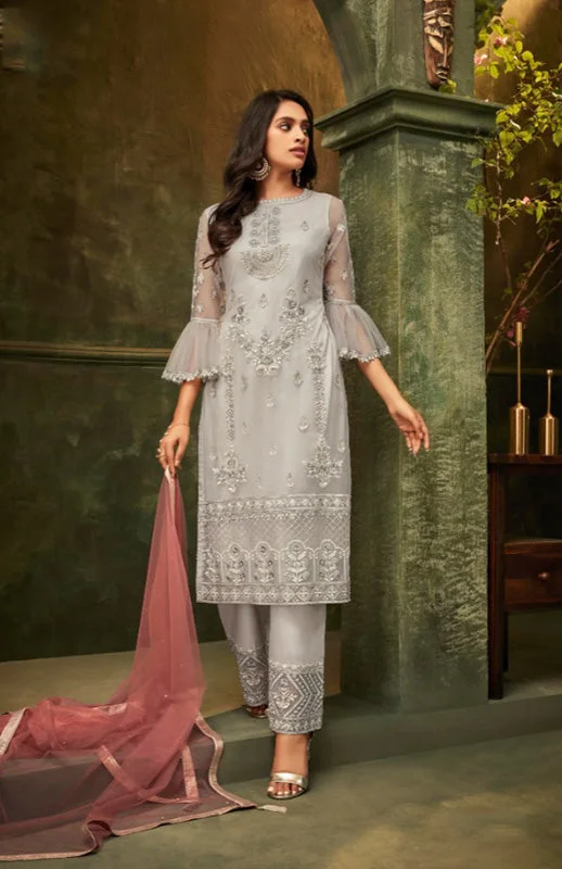 Sophisticated Silver Straight Kurti with Pallazo Pants - ZE2008