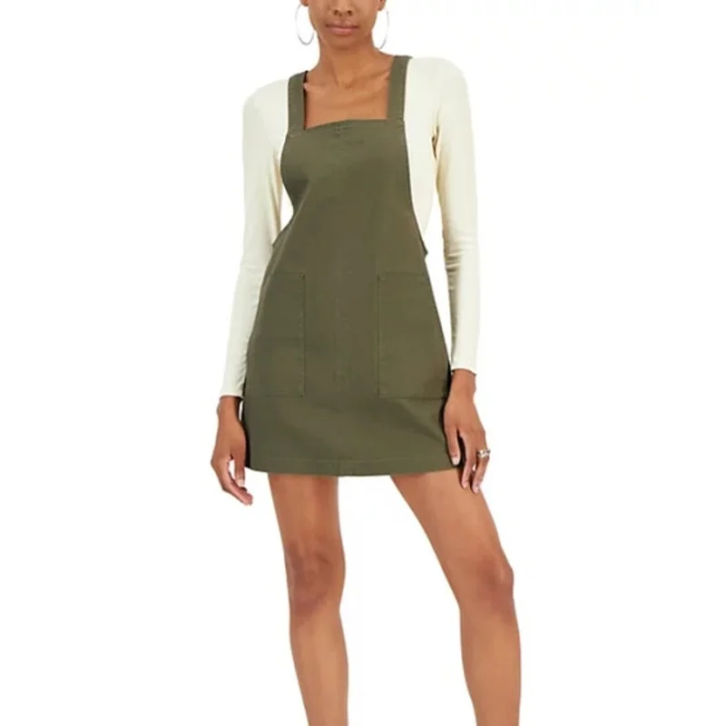 Tinseltown Juniors Denim Pullover Pinafore Overall Dress in Olive Green Chic Denim Skirt