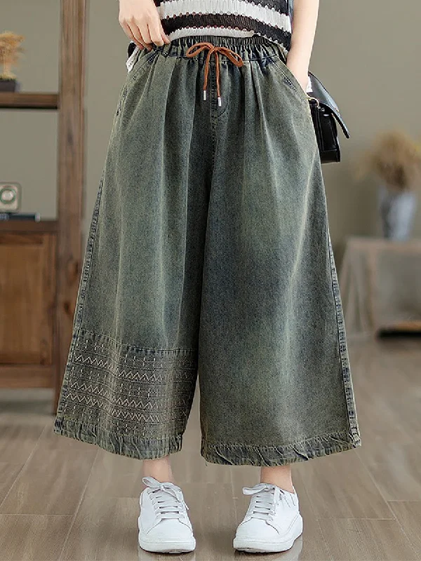 Women Summer Casual Embroidery Wide-leg Denim Pants CC010