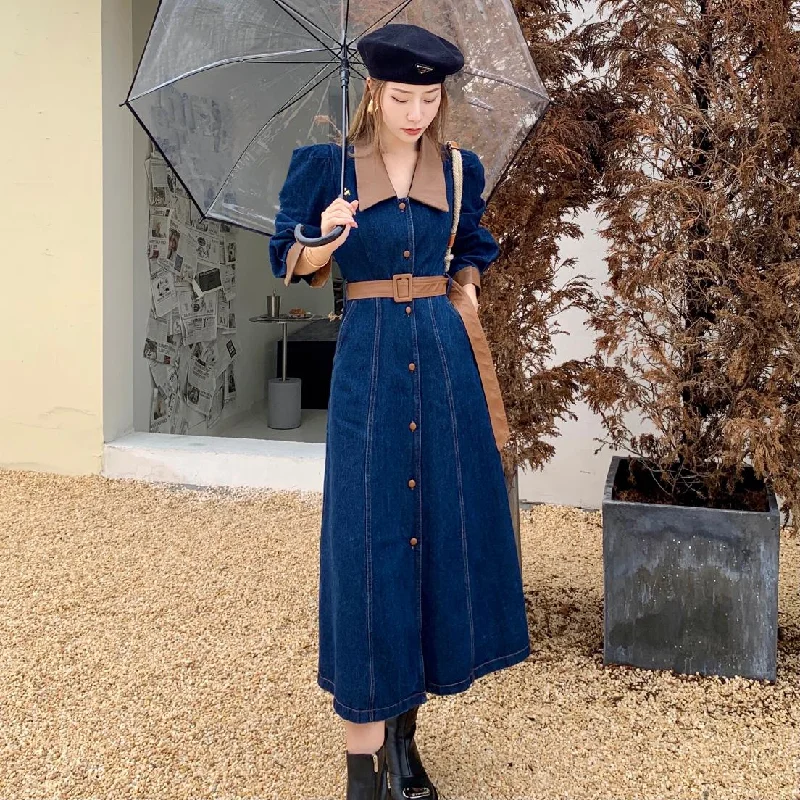 Women's Pu Denim Dress Autumn New Vintage Patchwork Belt Lady Jeans Dresses Elegant Female Fashion Vestidos Skirt with Denim