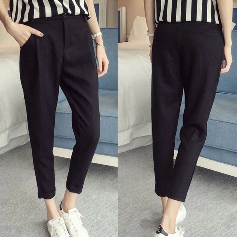 pbong Black Pencil Pants for Women Fashion Office Work Elegant Trousers  New Casual Slim Thin Korean Pockets Ankle-Length Pants