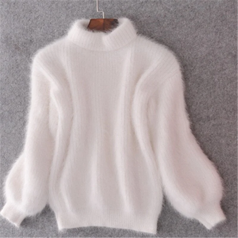 2023 White Mohair Thicken Turtleneck Sweater Autumn Winter Sweet Lantern Sleeve Casual Solid Color Pullover pull femme Sweater Dress with Pockets