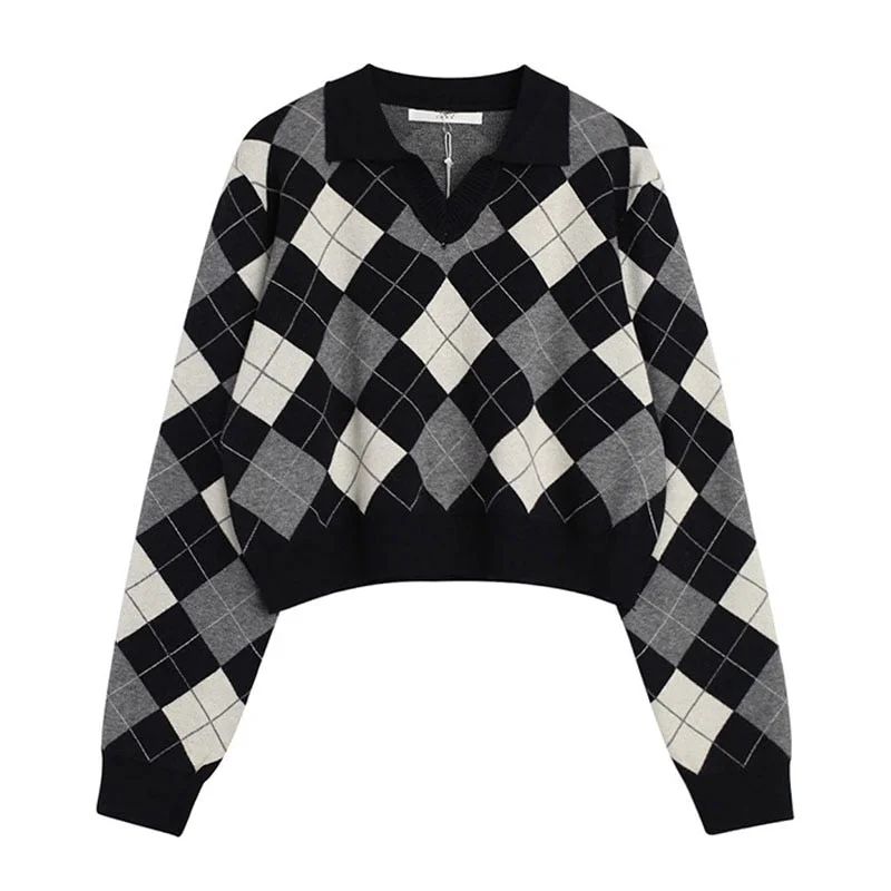 Autumn Winter Women Casual  Loose Vintage Argyle Sweater England Style Pullovers Kawaii Pullover Women Oversize Sweater Jumpers V-neck Sweater Dress