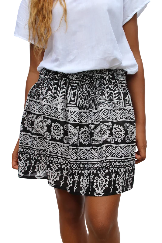 Black Aztec Short Skirt Soft Denim Skirt