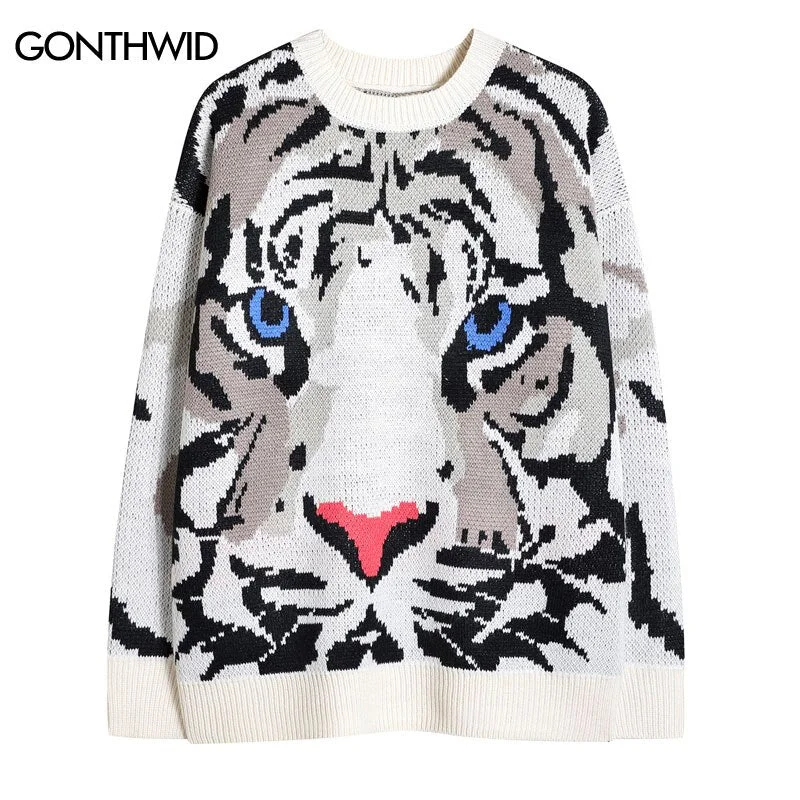 Hip Hop Knitted Sweater Streetwear Tiger Jumpers Sweaters 2023 Autumn Unisex Harajuku Casual Pullover Sweater Knitwear Sweater Dress Details