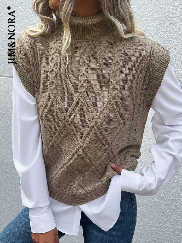 JIM & NORA Casual Women Sleeveless Turtleneck Soild Colour Loose Sweater Vest Warm Pullover Tops Sweater Dress Casual