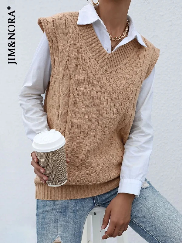 JIM & NORA Women Autumn Knit Sweater Vest Loose Sleeveless Soild Colour V Neck Pullover Tops Casual Oversize Office Wear Fashion Soft Knit Sweater