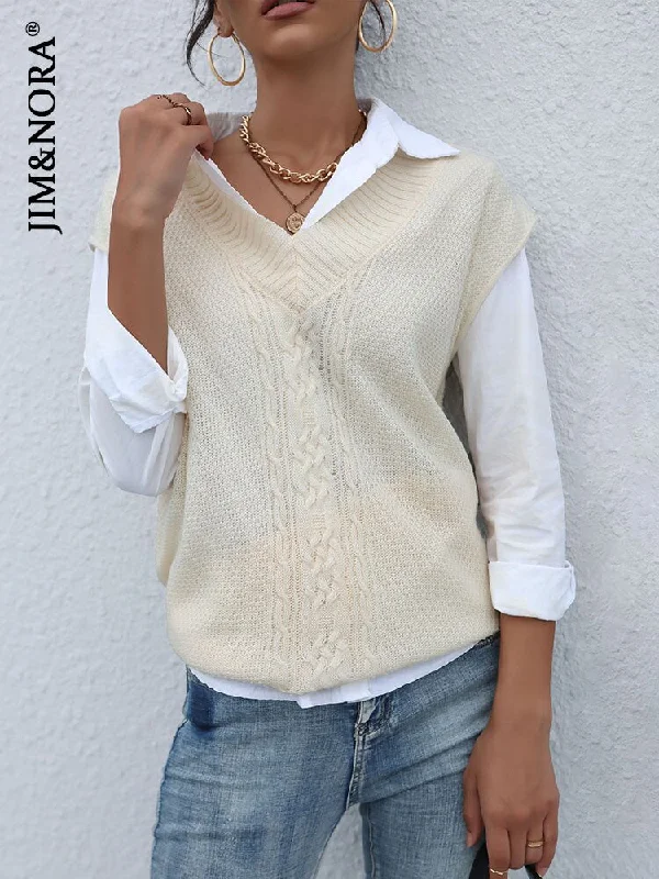 JIM & NORA Women Sleeveless V Neck Soild Colour Loose Knit Sweater Vest Ladies Casual Oversize Pullover Tops White Cozy Knit Sweater Dress