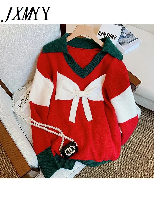 imCharms Autumn Christmas Sweater Women Sweet Cool Cute Big Bow Polo Collar Red Sweater Joker Casual Loose Top Winter Sweater Dress