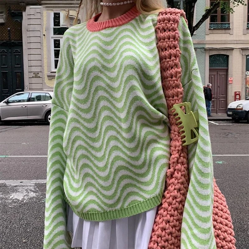 Knitted Pullover Sweater Women Casual O Neck Loose Sweater Winter Y2K Top Green Striped Sweaters Oversized Outwear Cozy Knit Dress