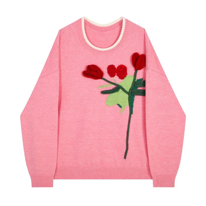 Knitwear Women's Pink Sweaters Preppy Autumn Winter Harajuku Loose Tops Casual Kawaii Pullover Embroidery Print Kawaii Sweater High Neck Knit Dress