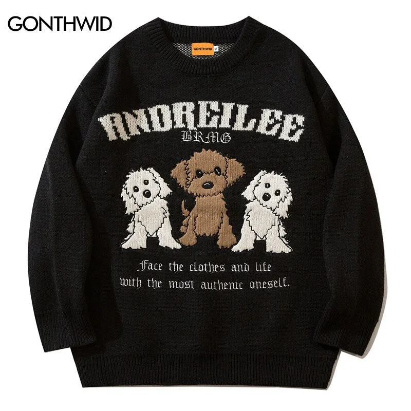 Men Korean Sweaters Streetwear Harajuku Embroidery Cartoon Dog Jumpers Sweater 2023 Autumn Hip Hop Casual Pullovers Streetwear Knit Sweater Dress