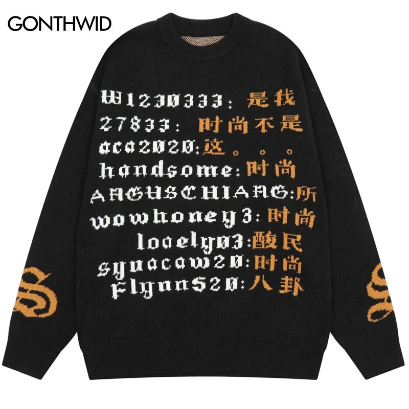 Men Sweater Y2K Streetwear Hip Hop Knitted Chinese Character Letter Pullover Autumn Harajuku Casual Loose Jumper Sweater Elegant Knit Sweater