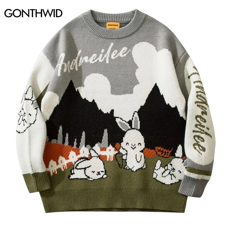 Men Sweaters Jumpers Harajuku Knitted Cute Rabbit Sweater Hip Hop Casual Loose Pullover Sweater 2023 Autumn Korean Streetwear Simple Knit Sweater