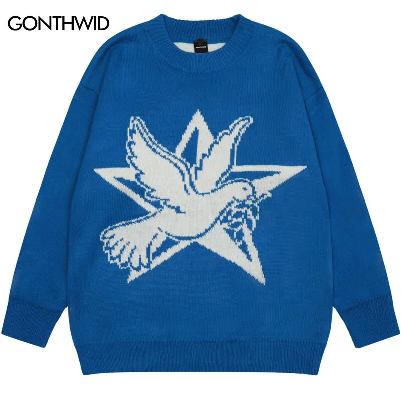 Men Sweaters Y2K Streetwear Vintage Retro Knitted Star Pigeon Jumpers Sweater Autumn Harajuku Casual Pullover Couples Comfy Sweater Dress