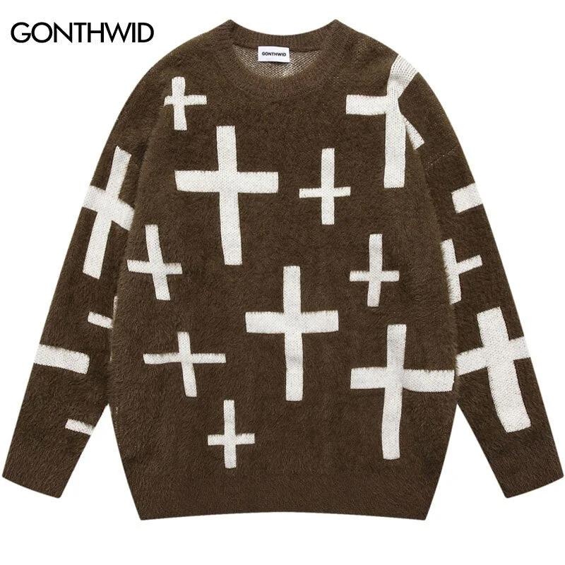 Mens Knitted Mohair Sweaters Harajuku Casual Pullover Jumpers Sweater Streetwear Autumn Hip Hop Loose Pullover Sweater High Neck Sweater Dress