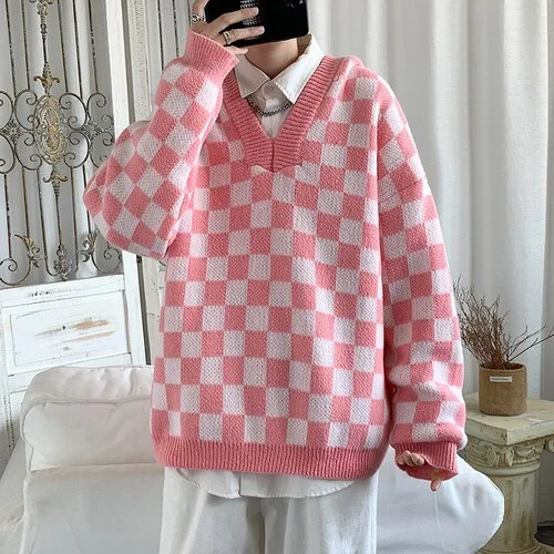 Ulzzang Teens Sweater Hooded Pullovers Men Plaid Checkered Casual Sweater All-match Unisex Couple Thick Winter Loose Knitwear Sweater Dress Fit