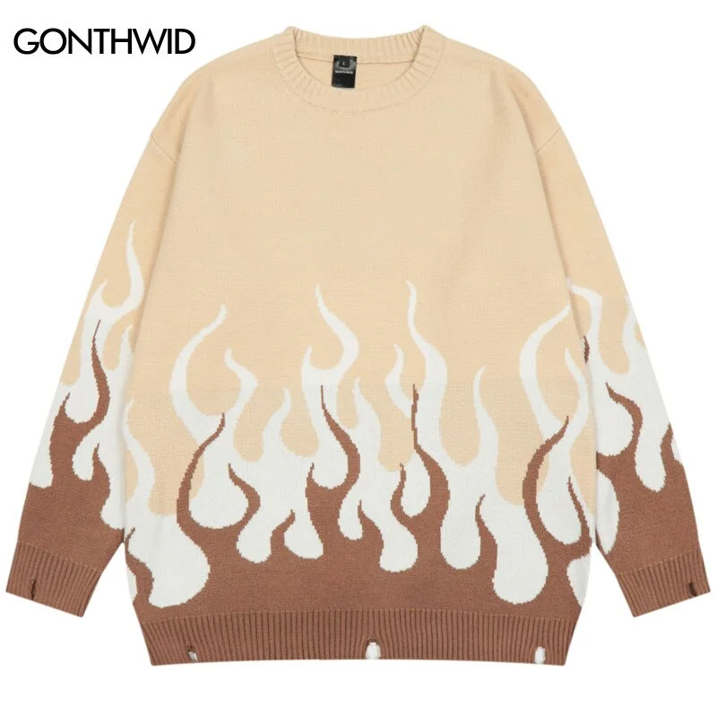 Vintage Knitted Sweater Streetwear Y2K Mens Retro Flame Ripped Hole Jumpers Sweaters Men Harajuku Casual Loose Pullover Sweater Dress Lookbook