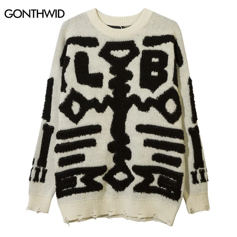 Vintage Men Sweaters Y2K Grunge Streetwear Hip Hop Knitted Geometric Punk Gothic Jumpers Harajuku Casual Loose Pullover Cozy Sweater Dress