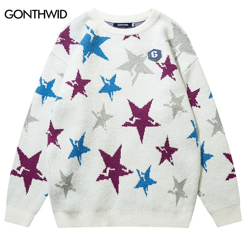 Vintage Sweater Men 90s Streetwear Hip Hop Knitted Retro Stars Pullover Jumpers 2023 Autumn Harajuku Casual Sweater Y2K Sweater Dress Cozy