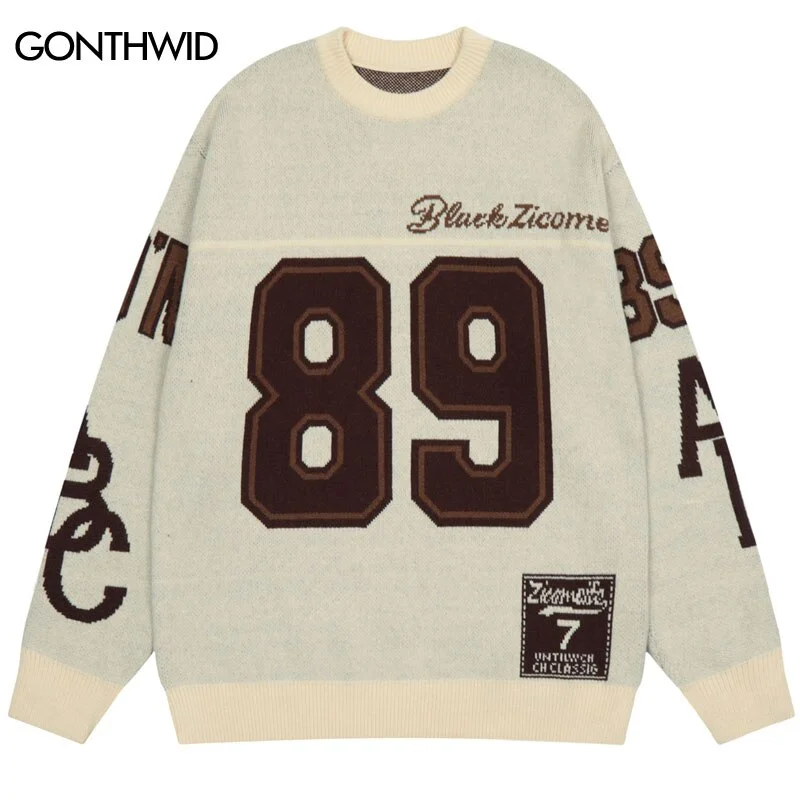 Vintage Sweater Streetwear Mens Hip Hop Retro Knitted Letter 89 Jumpers Sweater Autumn Harajuku Autumn Casual Pullovers Couple Simple Sweater Dress