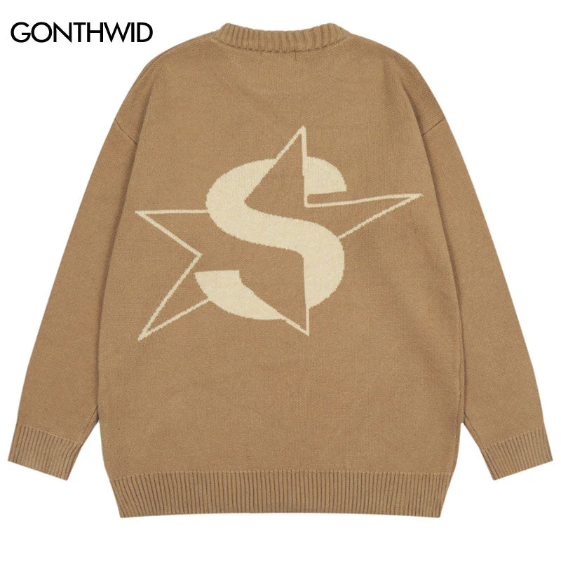 Vintage Sweaters Y2K Harajuku Knitted Star Letter Crew Neck Pullover Jumpers Sweaters 2023 Autumn Hip Hop Casual Sweater Long Sleeve Sweater Dress