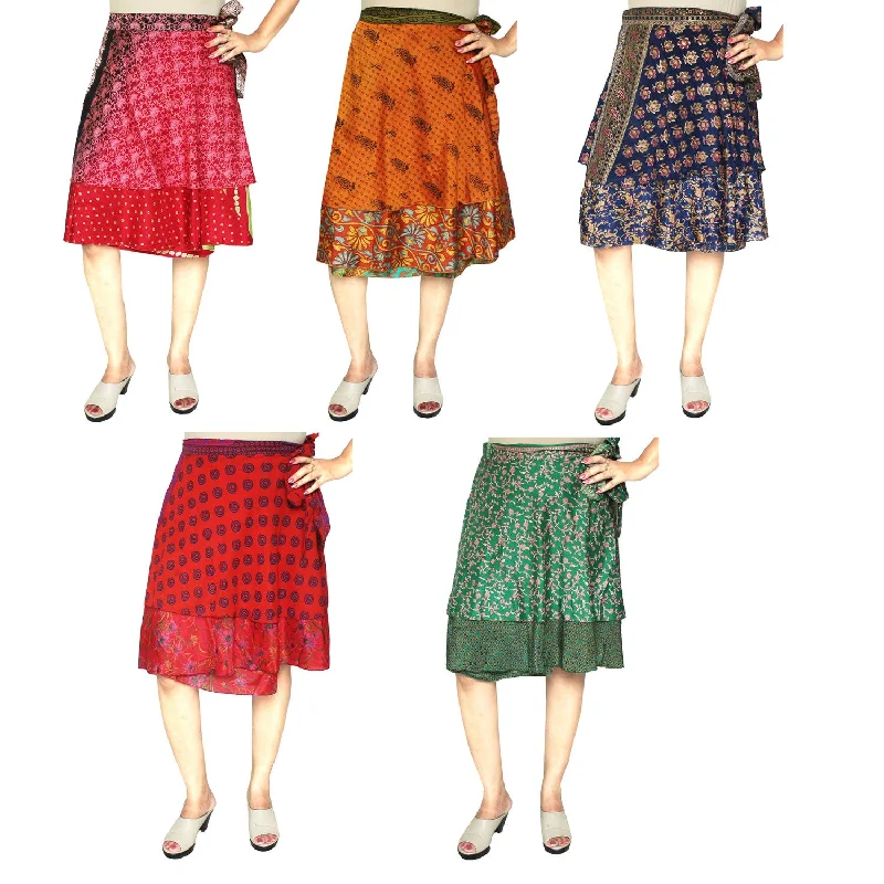 Wholesale 5 Pcs Lot Two Layers Women's Indian Sari Magic Wrap Short Skirt Boho Mini Skirt