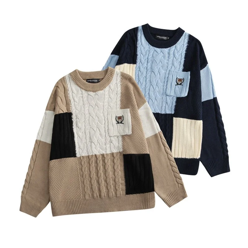 Winter Patchwork Vintage Sweaters Women Pullover Korean Style Loose Pullover Knitwear Casual Loose Sweater Pull Femme Color Block Sweater