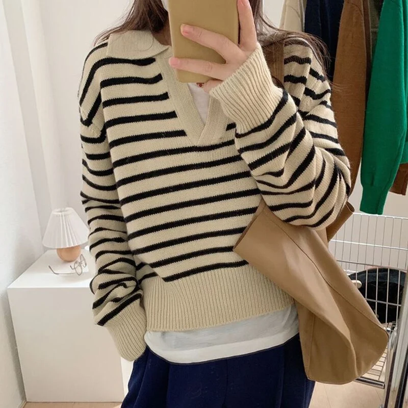 Women Striped Pullover Autumn Winter Korean Knitted Sweater  Casual Thick Jumper Loose Turn Down Collar Knitwear Knit Dress Chic