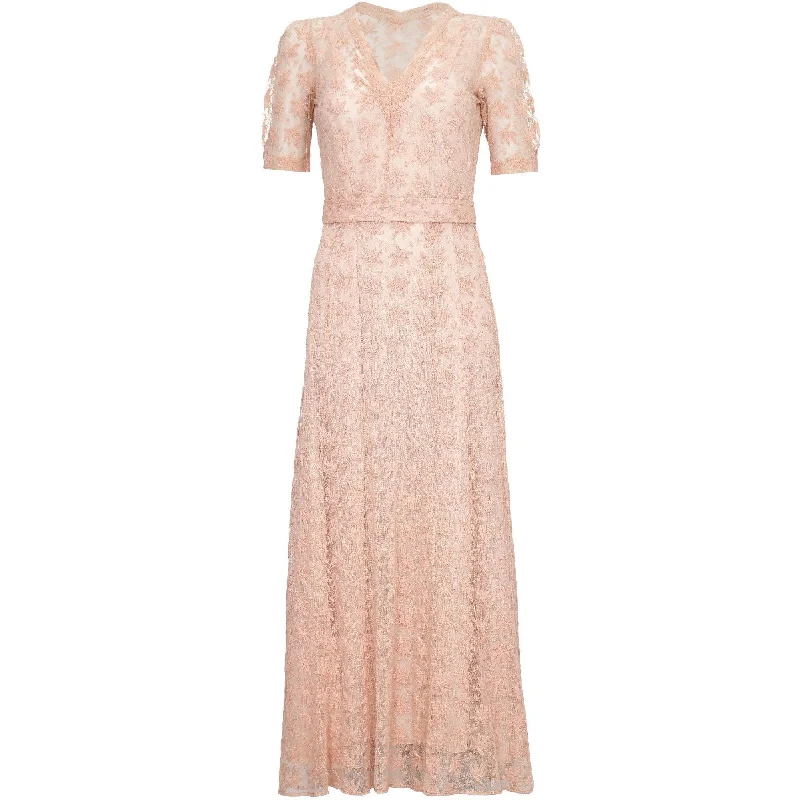 Beautiful 1930s Pale Pink Embroidered Lace Tea Gown Dress Soft Lace Dress